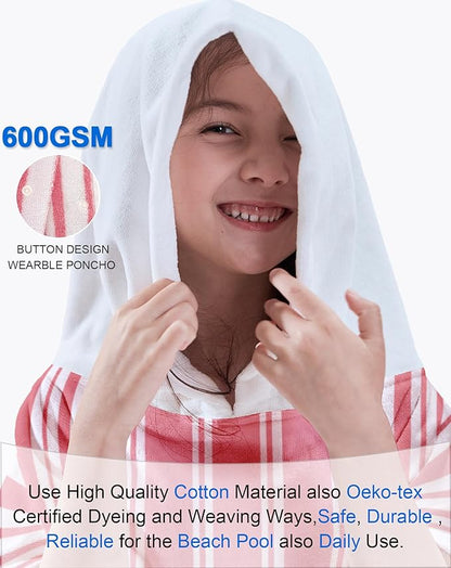 VOOVA & MOVAS Big Girl | Teens Towels with Hood (8-16Years), Large Thick and Absorbent Cotton Hooded Pool Towel Robe- Versatile for Pool, Swim, and Bath, Pink and White Cabana Striped