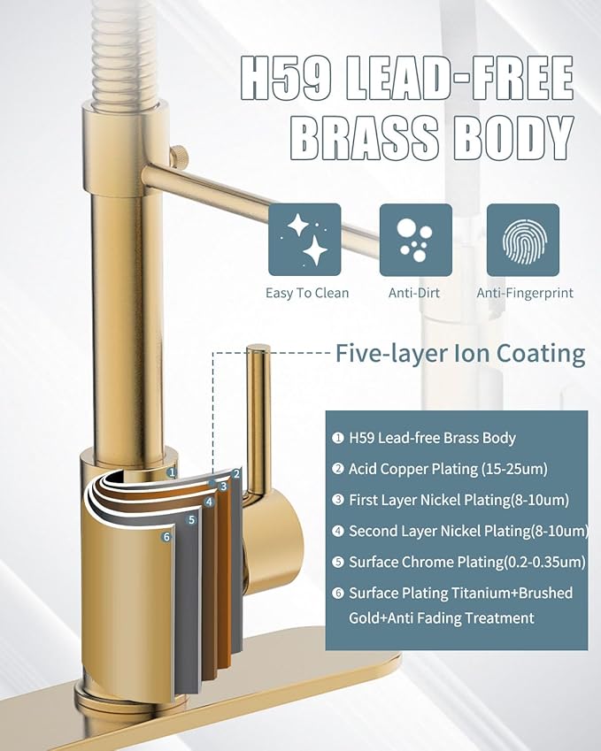 LED Kitchen Faucet, Brushed Gold Kitchen Faucet with Soap Dispenser and Deck Plate, Faucet for Camper Farmhouse RV Kitchen Sink, Single Handle Kitchen Sink Faucets with Pull Down Sprayer