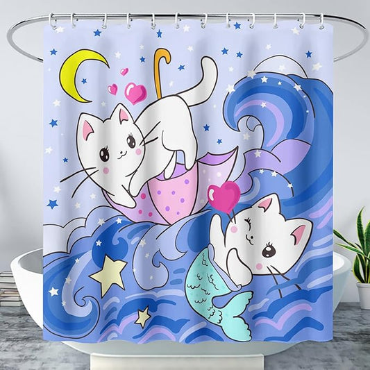 AILONEN Cute Cat Shower Curtain,Kawaii Cartoon Mermaid Kitten Polyester Cloth Bath Curtain Set for Girls Boys,Kittens with Spray Waterproof Shower Curtains for Bathroom, 72" W*84" H Blue