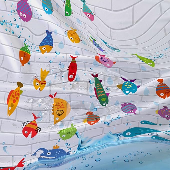 AILONEN Cute Fish Shower Curtain for Kids 72" W*96" H Inch,Raining Fish Playing Water Shower Curtains,12 Pack Hooks Polyester Waterproof Fabric Decor for Bathroom Bathtub Panels