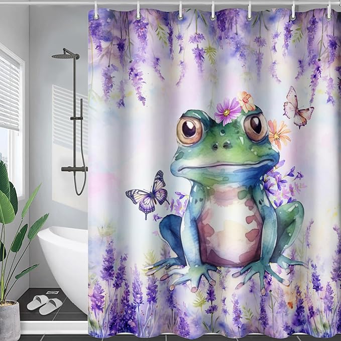 AILONEN Frog Shower Curtain, Tie Dye Lavender Flower Bath Curtain,Tie Dye Frog Bathroom Curtain Decor,Cute Frog Polyester Waterproof 72" W*84" H Shower Curtain (12 Hooks)