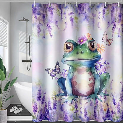AILONEN Frog Shower Curtain, Tie Dye Lavender Flower Bath Curtain,Tie Dye Frog Bathroom Curtain Decor,Cute Frog Polyester Waterproof 72" W*84" H Shower Curtain (12 Hooks)