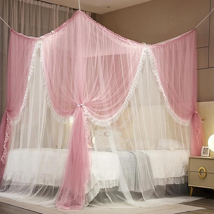 4 Corners Post Princess Curtain Bed Canopy Lace Up Double Layer 4 Opening Mosquito Net Mesh for Girls Bedroom Decoration(Pink/White, 59" W*82" L*82" H/Queen)