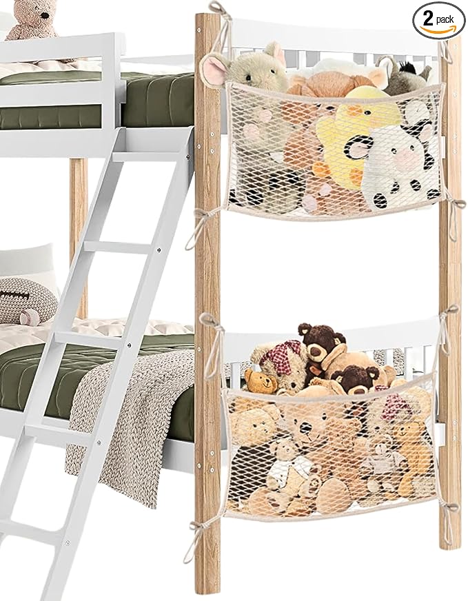Stuffed Animal Storage Net for Kids, Bedside Toy Organizer Net - Neatly Store Your Stuffed Animals, 2 Pack Cotton Bedside Stuffed Animal Storage Net with Tether, Stretches up to 32 Inches, Beige
