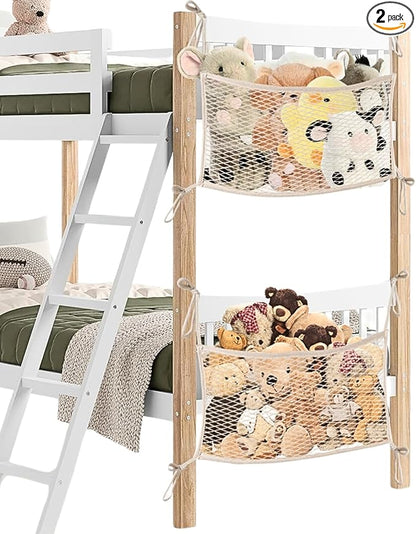 Stuffed Animal Storage Net for Kids, Bedside Toy Organizer Net - Neatly Store Your Stuffed Animals, 2 Pack Cotton Bedside Stuffed Animal Storage Net with Tether, Stretches up to 32 Inches, Beige