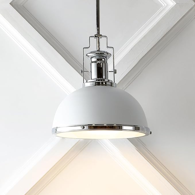 JONATHAN Y JYL9536C Homer 13" 1-Light Modern Industrial Iron LED Dome Pendant Classic, Cottage, Farmhouse Bedroom Living Room, Chrome/White