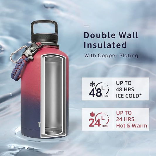 Trebo Half Gallon Water Bottle with Paracord Handle 64oz Wide Mouth Insulated Double Wall Stainless Steel Large Sports Flask Keep Hot 24 Hours & Cold 48 Hours Water Jug with 3 Lids Ombre: Ruby Red