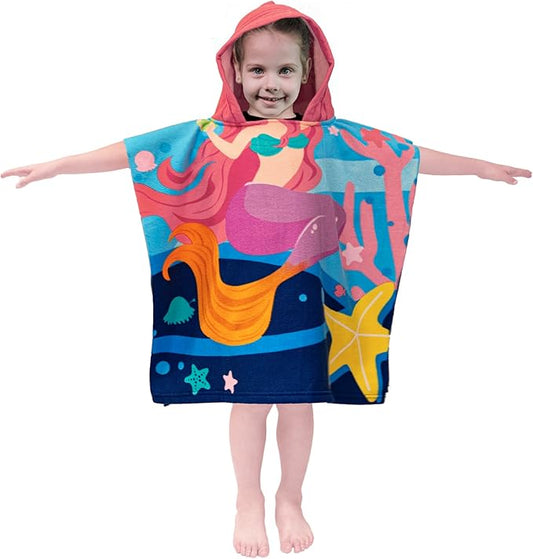 Hooded Kids Beach Towels - Toddler Bath Towel Girls Boys Swim Cover-ups for Ages 1 to 6 Kids Pool Towels Quick Dry Lightweight Soft Microfiber Poncho Towel 24x24 (Mermaid Starfish), Large