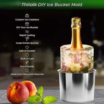 Ice Bucket Mold - DIY Wine Bottle Chiller & Cocktail Ice Molds, Use with Flowers, Fruits for Parties, Bars, Holidays, Weddings | Stainless Steel & Clear Plastic