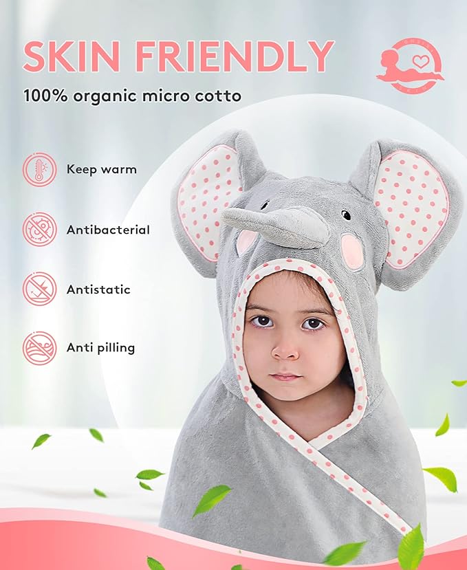 Hooded Towel for Kids 100% Cotton Ultra Soft with Unique Animal Design Large for Infants 3-10 Years (Elephant)