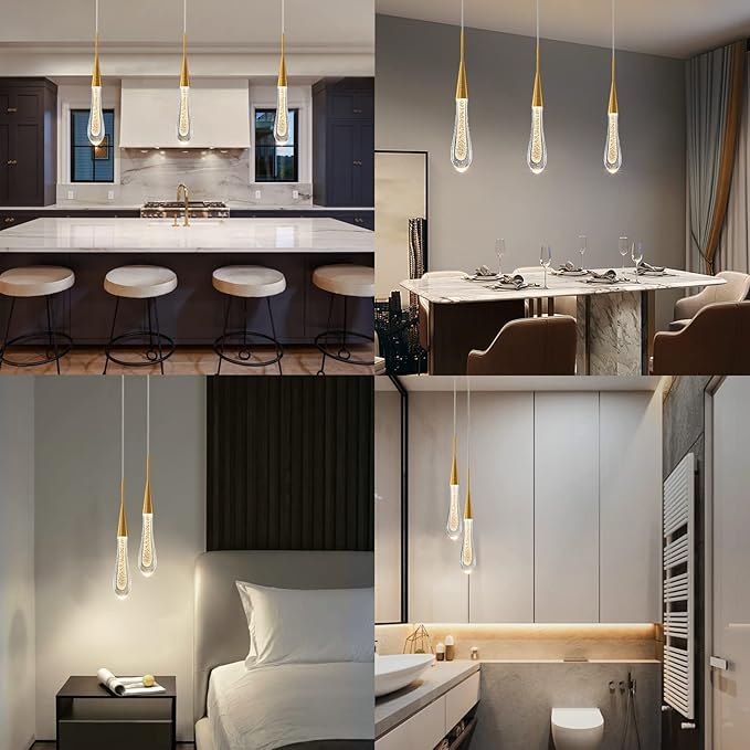 LMQNINE Kitchen Light Fixtures Ceiling Dimmable LED Modern Gold Pendant Light Mini Teardrop Crystal Pendant Light for Kitchen Island Bedroom Hallway Entryway (2-Pack)