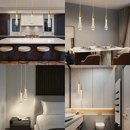 LMQNINE Kitchen Light Fixtures Ceiling Dimmable LED Modern Gold Pendant Light Mini Teardrop Crystal Pendant Light for Kitchen Island Bedroom Hallway Entryway (2-Pack)