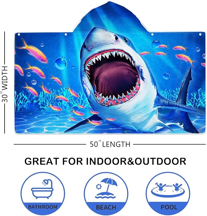 Shark Beach Towel, Shark Towel for Kids with Hood, Ocean Fishes Hooded Towel for Boys 30" x 50", Funny Sea Animals Microfiber Absorbent Soft Bath Towel Poncho Bathrobe for Swin Pool