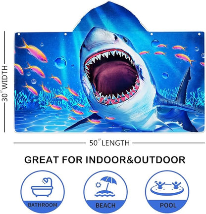 Shark Beach Towel, Shark Towel for Kids with Hood, Ocean Fishes Hooded Towel for Boys 30" x 50", Funny Sea Animals Microfiber Absorbent Soft Bath Towel Poncho Bathrobe for Swin Pool