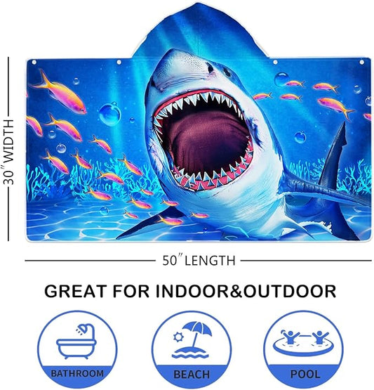 Shark Beach Towel, Shark Towel for Kids with Hood, Ocean Fishes Hooded Towel for Boys 30" x 50", Funny Sea Animals Microfiber Absorbent Soft Bath Towel Poncho Bathrobe for Swin Pool