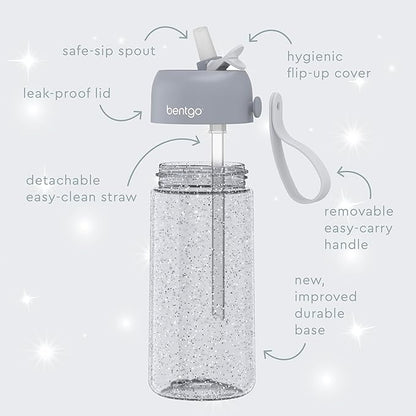 Bentgo Kids Water Bottle - Glitter Design, Leak-Proof, Durable Tritan™ 15 oz Cup for Kids/Toddlers 3+; Flip-Up Straw/Dishwasher Safe for School, Sports, Daycare, Camp (Glitter Edition - Silver)