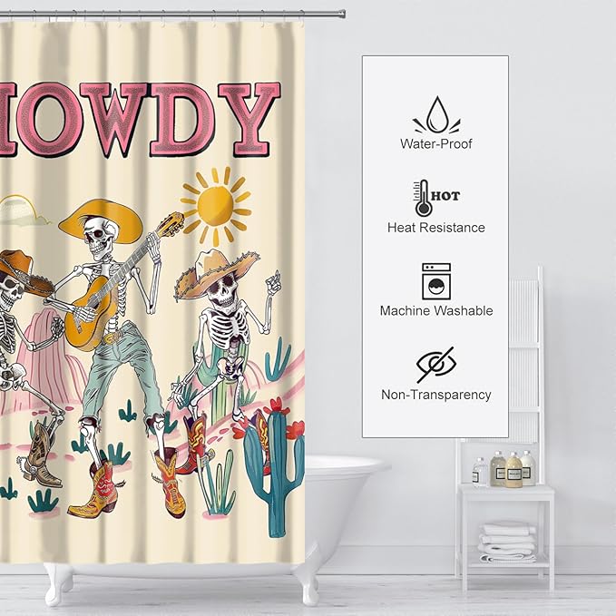 Funny Gothic Skull Shower Curtain Western Skeleton Shower Curtains for Bathroom Decor Waterproof Polyester Fabric Country Mountain Cactus Bathroom Curtain with Hooks 55x72 Inch