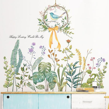 Tropical Green Plants Wall Decals Flowers Wall Corner Stickers Garden Floral Bird's nest Baseboard Skirting Line Wall Stickers for Baby Kids Girls Bedroom Living Room Corners Skirting Lines