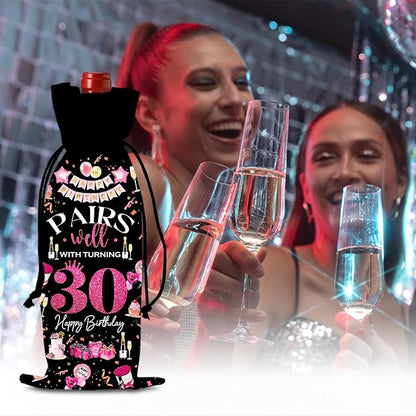 30th Birthday Gifts for Her Women Men Wine Bag, 30 Year Old Birthday Gifts for Women Men, Happy 30th Birthday Party Decorations for Her Him, Pairs Well with Turning 30 Wine Bags (Black Pink)