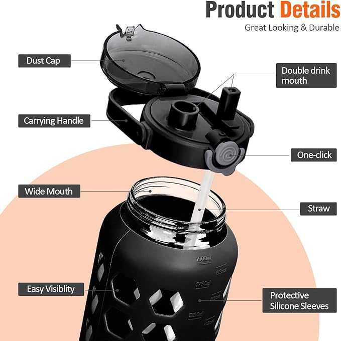 MUKOKO 56oz Glass Water Bottles with Straw and Lid,Motivational Water Jug with Time Marker Reminder and Silicone Sleeve,100% Leakproof BPA Free Fitness Sports Large Bottle-Black