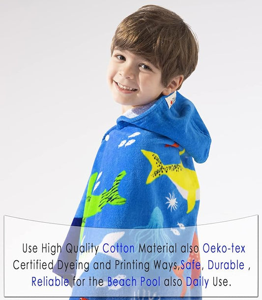 VOOVA & MOVAS Hooded Towel for Toddlers 3-10 Years,Soft | Thick | Cotton | Absorbent | Large Beach | Pool | Bath | Swim Towels | Cover up for Boys, Shark Fish