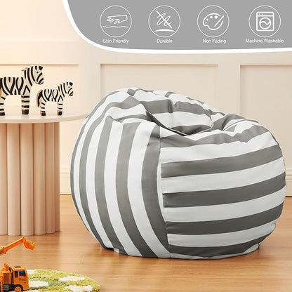 EXQ Home Kids Bean Bag Chairs Cover (No Filler) -Stuffed Animal Bean Bag Storage Grey and White Stripes-Zipper Bean Bag for Organizing Children Plush Toys Holiday Gift for Girl,Boys