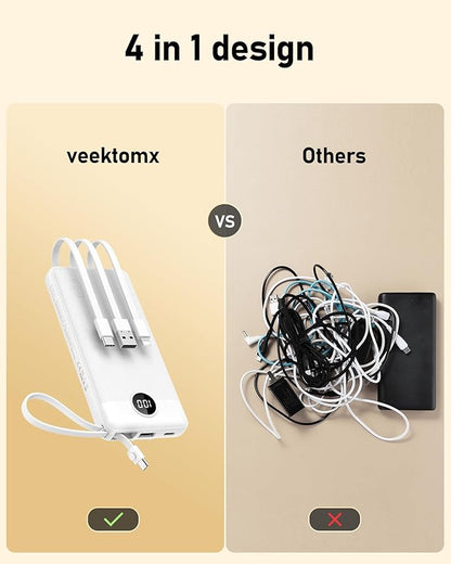 VEEKTOMX Portable Charger with Built-in Cables - 10000mAh Power Bank for iPhone - Slim Fast Charge USB C Battery Pack - Small Travel Essentials Powerbank, Compatible with iPhone, Samsung, Android, etc