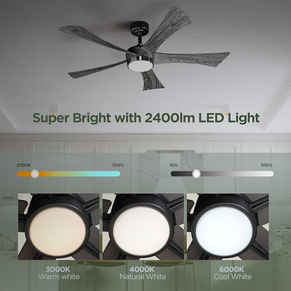 Ceiling Fan With Light Remote: 52 Inch Modern Bedroom Fans with Dimmable Tri-Color Temperatures LED - Water Transfer Printing 5 Blades