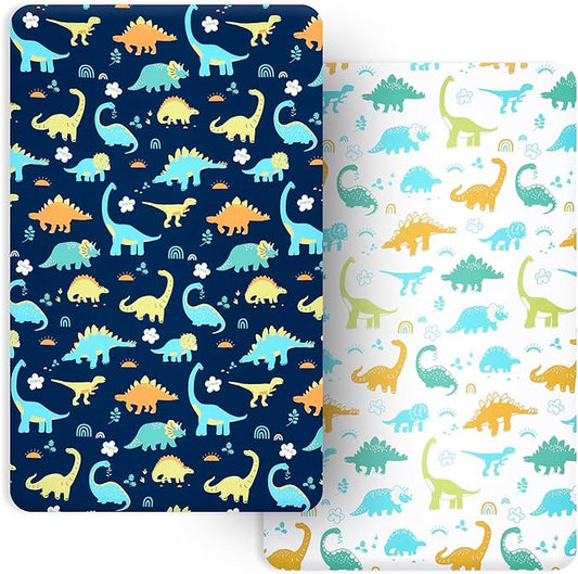 PHF Soft Mini Crib Sheet Set, 2 Pack Silky Comfy Pack N Play Sheets for Boys Girls, Universal Fit for Pack N Play, Playard and Mini Crib Mattresses, Dinosaur
