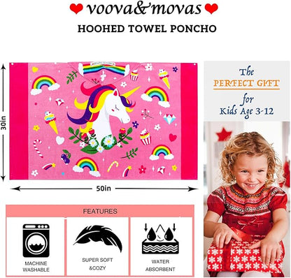 VOOVA & MOVAS Hooded Towels for Kids 3-10 Years, Soft Thick Cotton | Absorbent Beach, Bath, Pool Swim Towels | Cover up for Girls | Pink Floral Unicorn