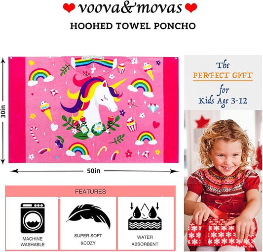 VOOVA & MOVAS Hooded Towels for Kids 3-10 Years, Soft Thick Cotton | Absorbent Beach, Bath, Pool Swim Towels | Cover up for Girls | Pink Floral Unicorn