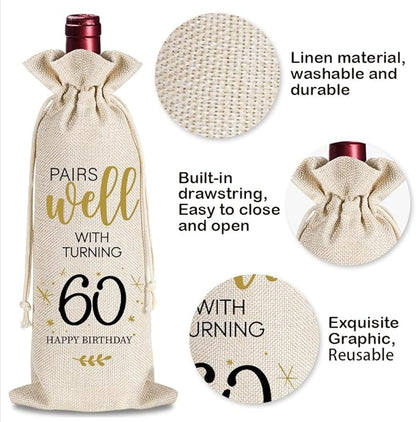 yaanunulu 60th Birthday Gifts for Women Men, 60 Years Old Birthday Wine Bag Gifts, 60th Birthday Decorations, 1964 Birthday Gift, Happy 60th Birthday Party Wine Bag Gifts, Pairs Well With Turning 60