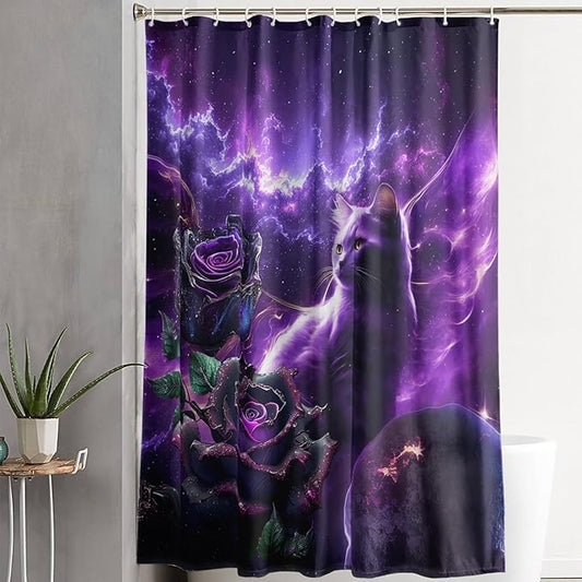 AILONEN 3D Cat Shower Curtain Set, Oil Purple Rose with Black Cat Cloth Bath Curtain for Kids Boys Girls,Boho Starry Night Shower Curtain for Bathroom,72" W*78" H
