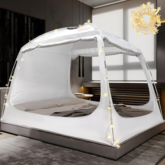 Bed Tent Bed Canopy Queen Size for Adult and Kids - Portable Sleeping Tents Indoor Dream Tents 70% Blackout with String Light 3 Doors Breathable Privacy Space Tents