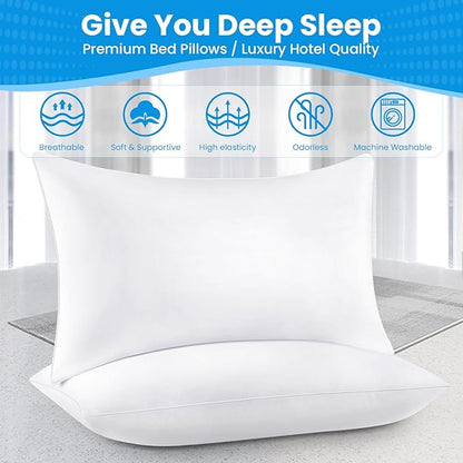 Bed pillows for sleeping, Down alternative pillows, White,Microfiber filled,Queen pillows set of 2,20x30 Inches,Super soft,Hotel collection,Queen size pillow for back,stomach or side sleepers
