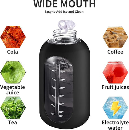 CIVAGO 32 oz Glass Water Bottle with Straw and Handle, Large Sports Motivational Water Bottle Flask with Time Marker, Leakproof Water Jug Canteen with Silicone Sleeve for Gym,Mint Matte