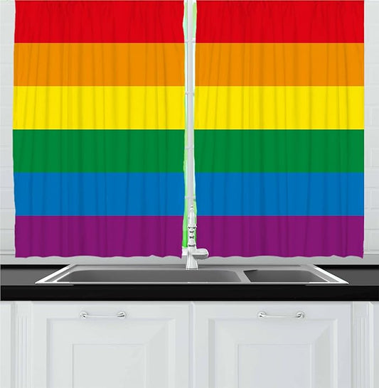 Ambesonne Pride Kitchen Curtains, Horizontal Orange Green Colored Flag of Gay Parade Freedom Equality Love Passion Theme, Window Drapes 2 Panel Set for Kitchen Cafe Decor, 55" x 24", Orange Green