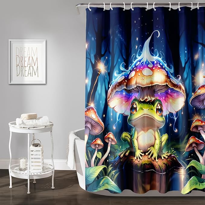 AILONEN Cartoon Frog Shower Curtain,Magic Mushroom Waterproof Fabric Bath Curtain for Kids Girls,Boho Style Tropical Amphibian Shower Curtain Set for Bathroom, 60" W*72" H