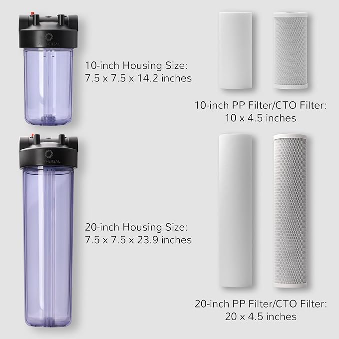 Airthereal Whole House Water Filter Housing, 20" x 4.5" Sediment Carbon Cartridge Universal Housing, Pre-Filtration System for Well and City Water, Clear Housing Include 1-Pack PP Filter