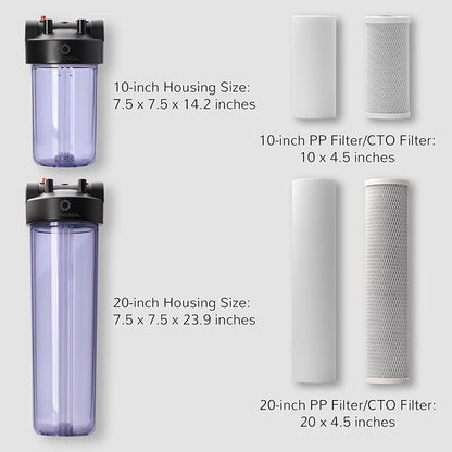 Airthereal Whole House Water Filter Housing, 20" x 4.5" Sediment Carbon Cartridge Universal Housing, Pre-Filtration System for Well and City Water, Clear Housing Include 1-Pack PP Filter
