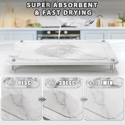 Stone Drying Mat for Kitchen Counter , IPOW Diatomaceous Dish Drying Mats Superb Absorbent，Heat-ResistantFast Drying Stone Mat Kitchen with Non-Slip Stainless Steel Feet（White）