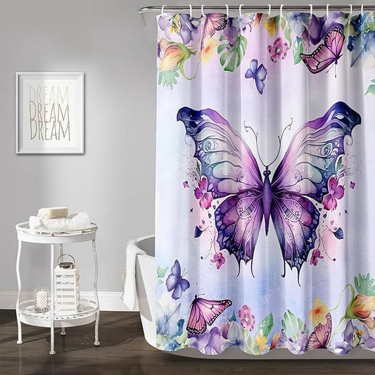 AILONEN Butterfly Shower Curtain for Bathroom, Purple Butterfly Bath Curtain Decor,Modern Printed Waterproof Shower Curtain with 12 Plastic Hooks (Kids/Girls/Women/Teen/) 36" W*72" H