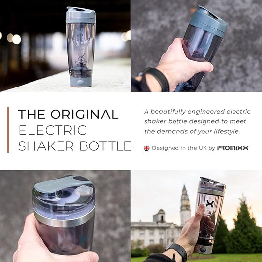Promixx Pro Shaker Bottle | Rechargeable, Powerful for Smooth Protein Shakes | includes Supplement Storage - BPA Free | 20oz Cup (Silver White/Gray)