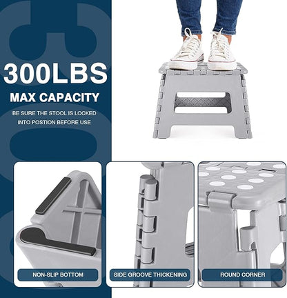 Folding Step Stool 9", Kids Step Stool, Heavy Duty Step Stools for Adults, Compact Foot Stools, Light-Weight Toddler Step Stool for Kitchen, Bathroom, Holds Up to 300 lbs (Grey)
