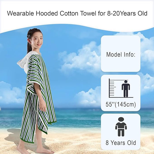VOOVA & MOVAS Big Kids Hooded Towel Poncho | Large, Soft, Absorbent Cotton | 8-16 Years | Versatile for Pool, Swim,Beach and Bathroom | Navy Blue&Green