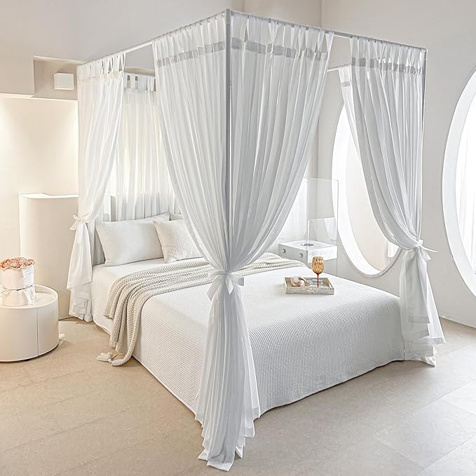 AIKASY Canopy Bed Board with Top and Self-Adhesive Velcro Strips, White Gauze Princess Bed Canopy Curtain Tent, Creating a Romantic Atmosphere in The Room（Full/Queen，White）