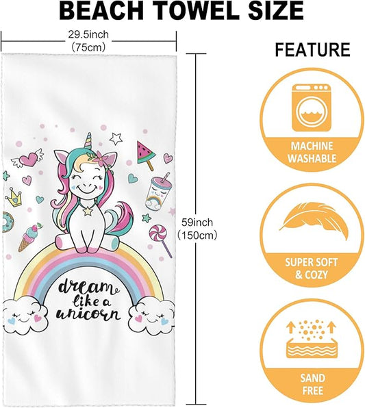 Microfiber Beach Towel, Cute Dream Unicorn on a Rainbow Beach Towels for Women Men, Extra Large 29.5” X 59”, Quick Drying Lightweight Sand Free Bath Swim Towel