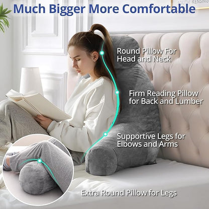 Sasttie Reading Pillow for Sitting in Bed Adult, Extra Large Back Pillow for Bed, Backrest Pillow with Detachable Head Support Cushion, College Dorm Essentials for Girls and Boys, Dark Grey