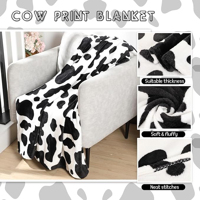 Uiifan 6 Pcs Mothers Day Gifts Cow Themed Gifts Sets for Women 20 oz Cow Stainless Steel Tumbler with Lids and Straws Cow Throw Blanket Socks Birthday Gifts for Woman Cow Lovers (Black Cow)