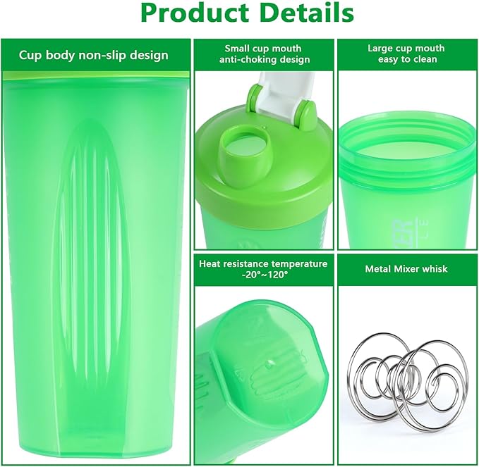 Shaker Bottle, 600ml Classical Protein Shaker Cup with Mixing Ball for Smooth blending, Leak-Proof GYM Workout Water Bottles for protein& Smoothie Shake，Bpa Free (20oz / Green)